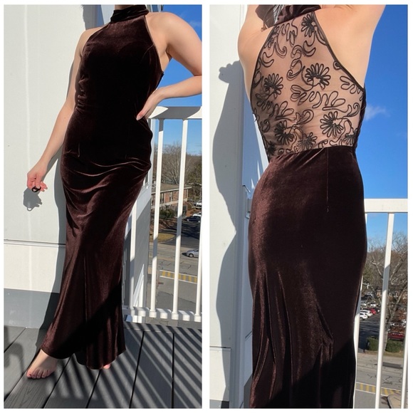 Vintage Dresses & Skirts - Velvet Maxi Dress Gown Halter Vintage Chocolate Brown Lace Back Corset Top S